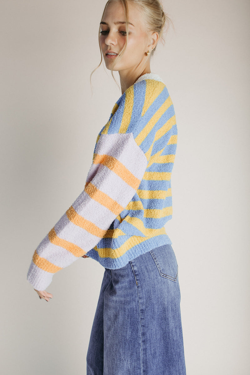 The Tiani Asymmetrical Button-Up Cardigan in Multi Stripe