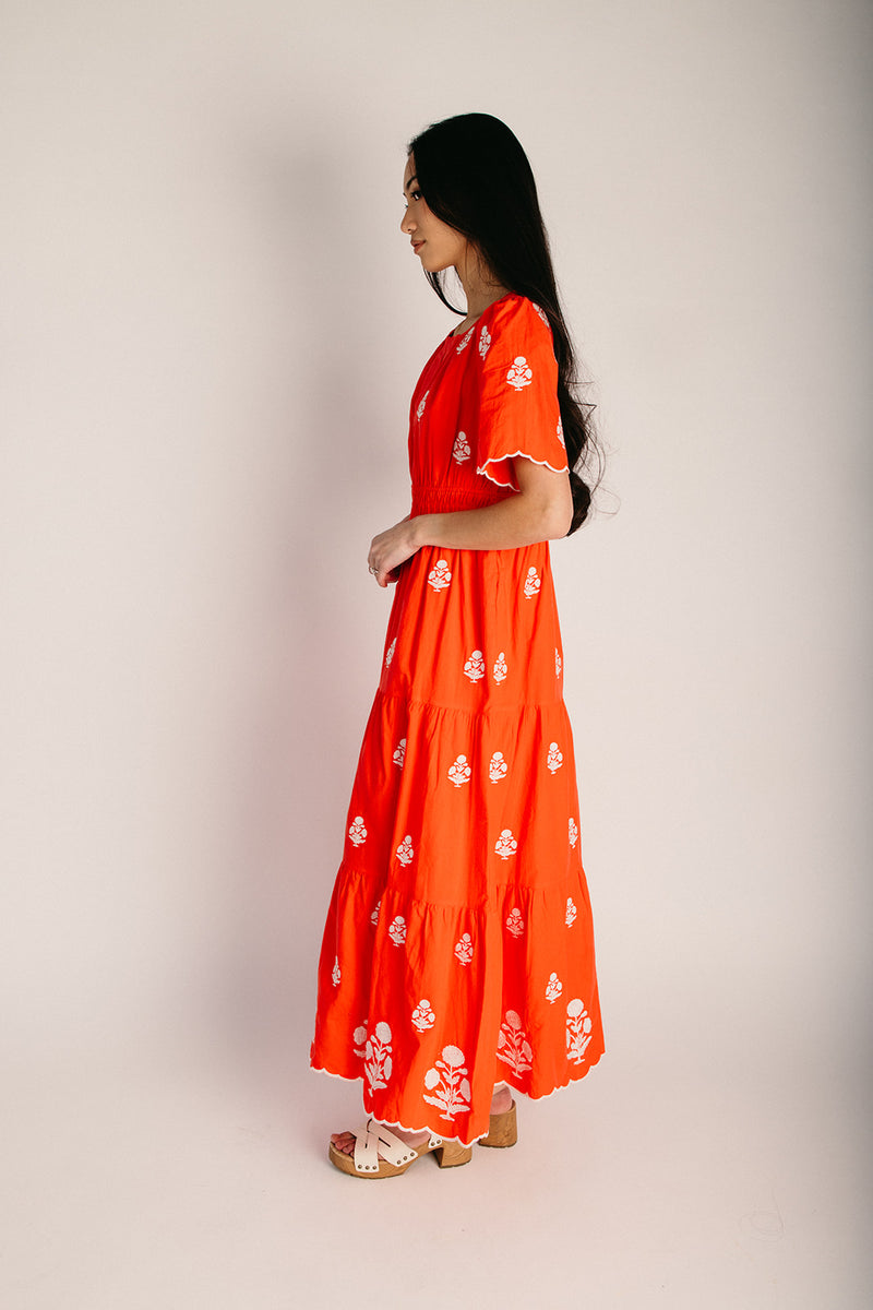 The Lundell Embroidered Maxi Dress in Tomato Small