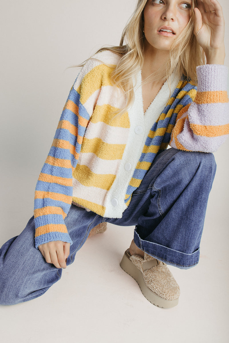 The Tiani Asymmetrical Button-Up Cardigan in Multi Stripe