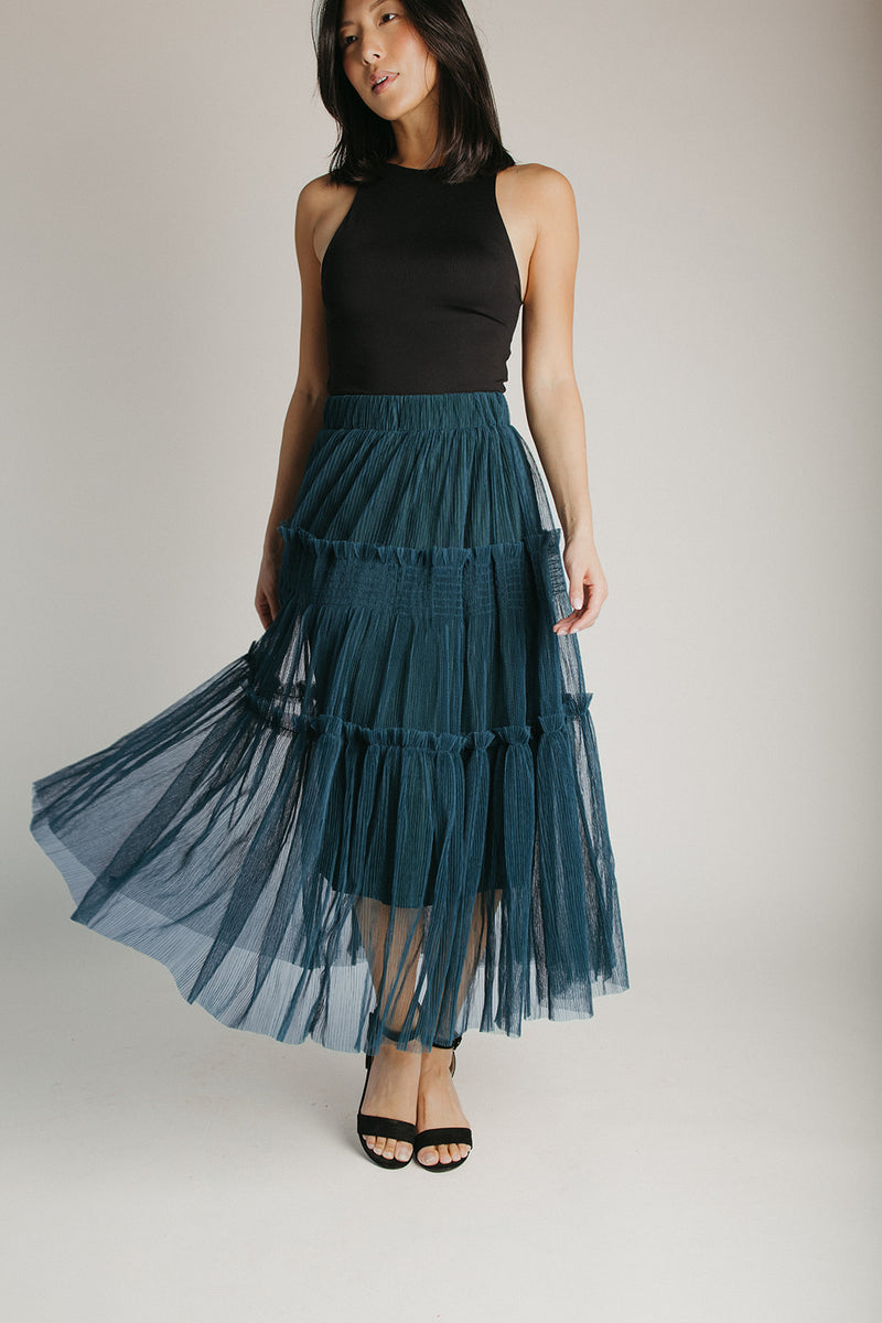 The Taggie Tulle Tiered Midi Skirt in Deep Green