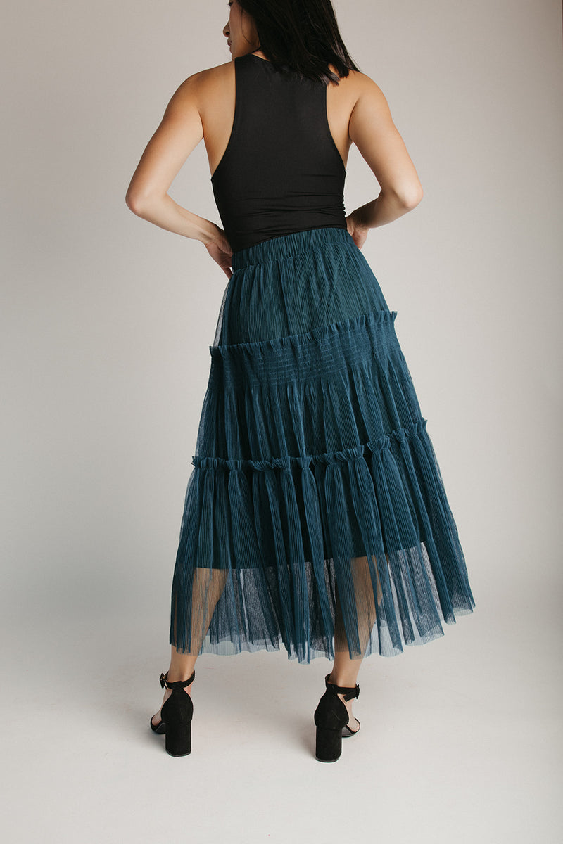 The Taggie Tulle Tiered Midi Skirt in Deep Green