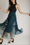 The Taggie Tulle Tiered Midi Skirt in Deep Green