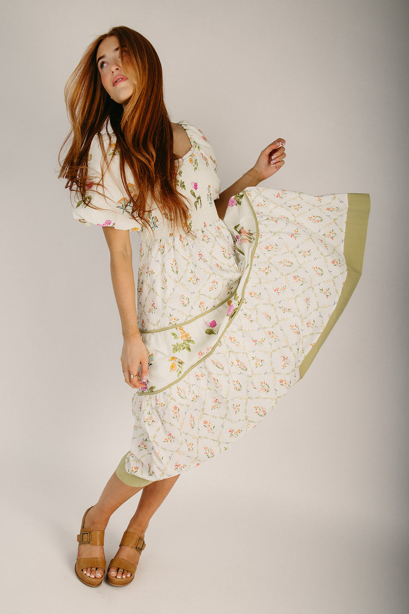 The Reyne Patterned Puff Sleeve Dress in Cream + Sage – Piper & Scoot