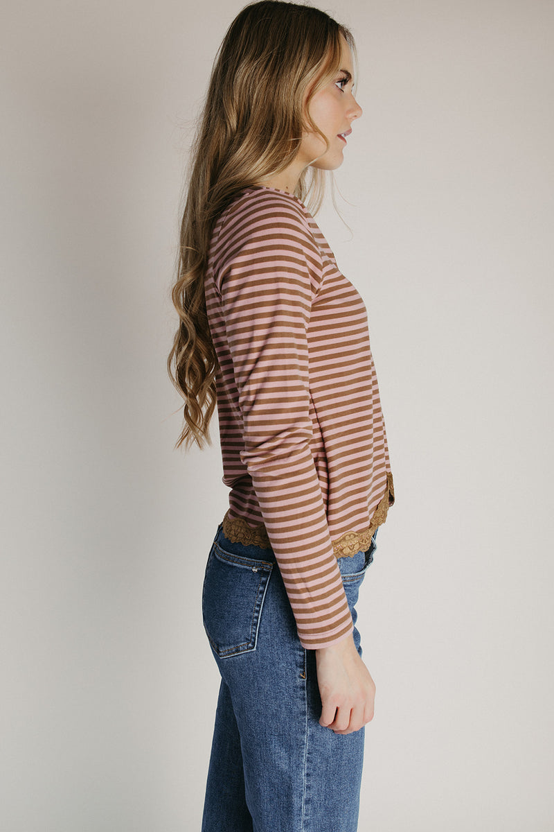 The Evangeline Lace Trim Cardigan in Pink + Mocha