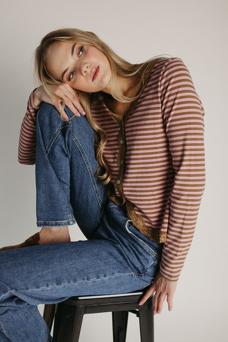 The Evangeline Lace Trim Cardigan in Pink + Mocha