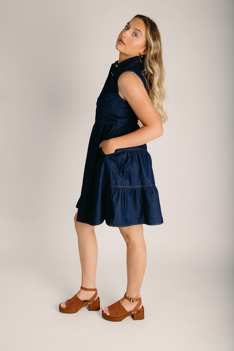 The Sutera Denim Button-Up Dress in Dark Wash Large