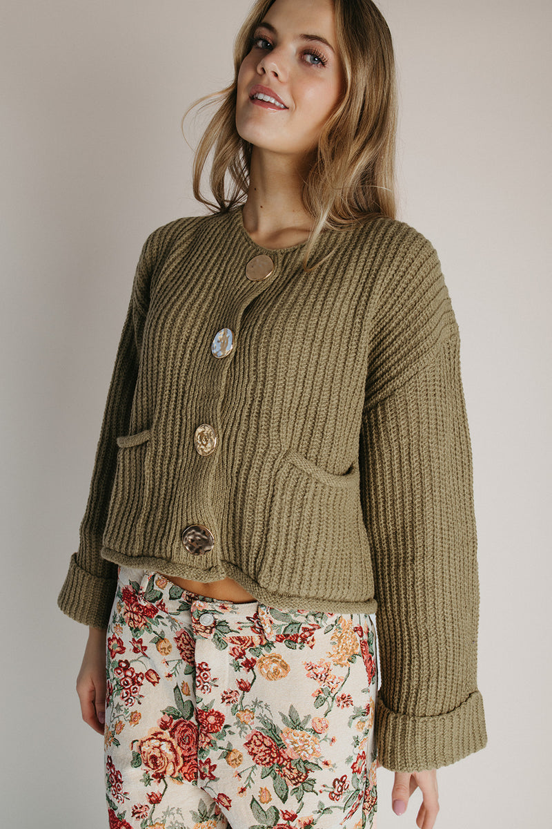 The Conaway Button-Up Cardigan in Olive