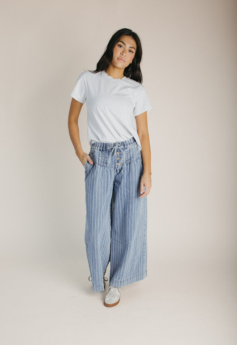 The Raymond Pin Tuck Detail Pant in Denim Stripe