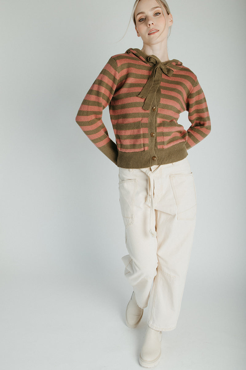 The Wayment Hooded Cardigan in Olive Stripe