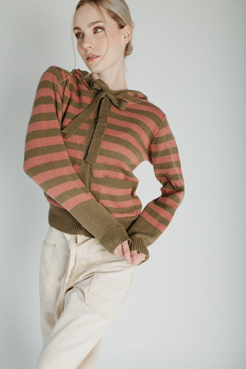 The Wayment Hooded Cardigan in Olive Stripe