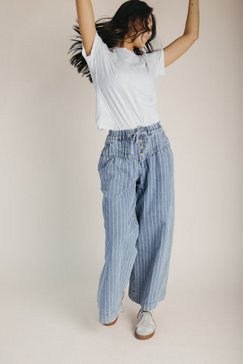 The Raymond Pin Tuck Detail Pant in Denim Stripe