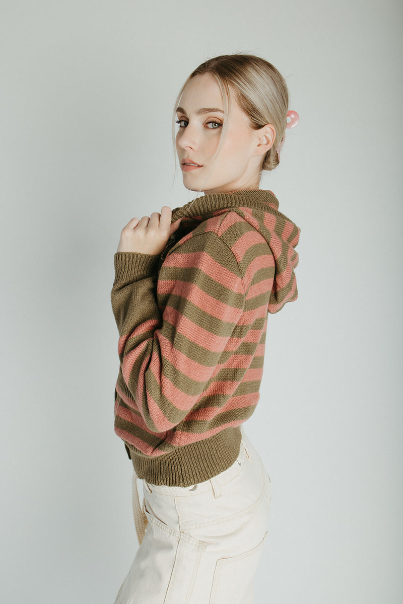 The Wayment Hooded Cardigan in Olive Stripe