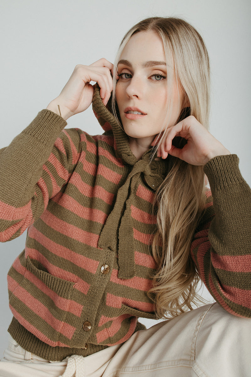 The Wayment Hooded Cardigan in Olive Stripe