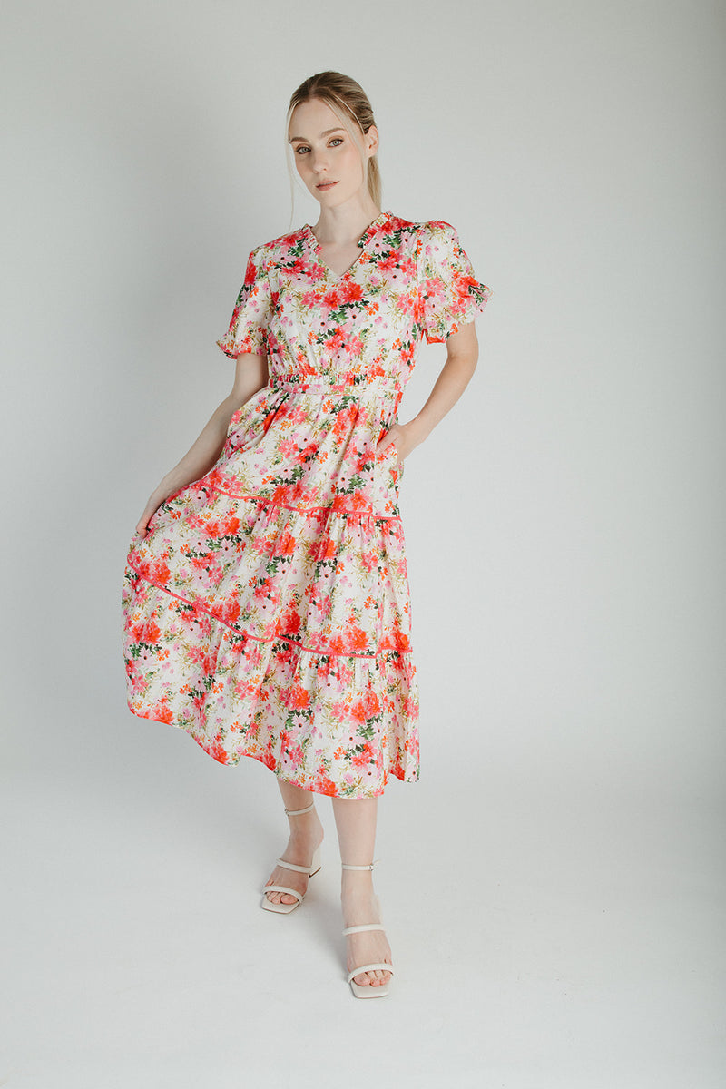 The Cedar Floral Belted Midi Dress in Pink
