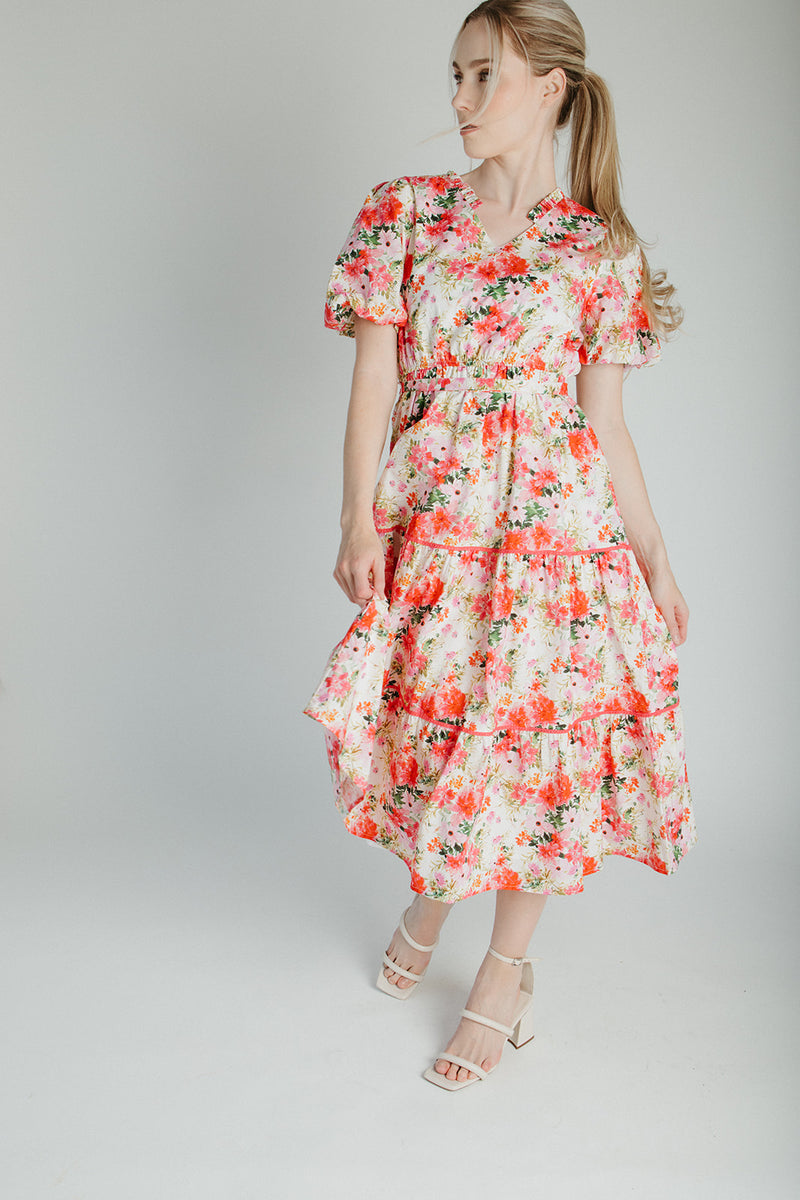 The Cedar Floral Belted Midi Dress in Pink