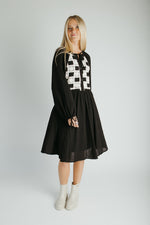 The Edith Checkered Detail Midi Dress in Black