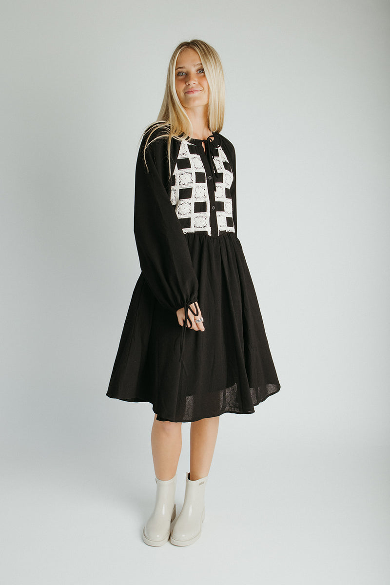 The Edith Checkered Detail Midi Dress in Black
