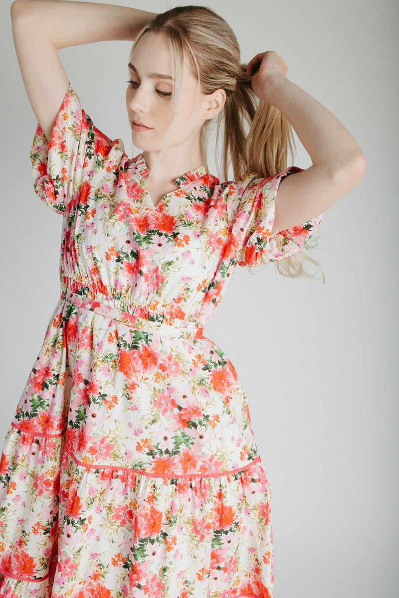 The Cedar Floral Belted Midi Dress in Pink