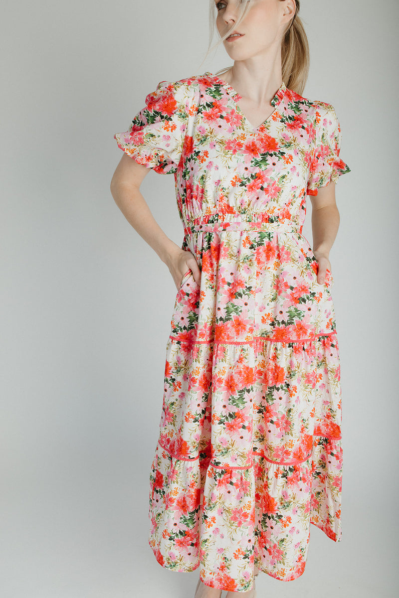 The Cedar Floral Belted Midi Dress in Pink