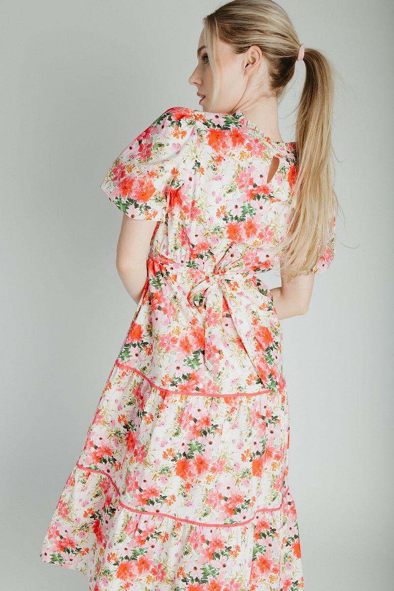 The Cedar Floral Belted Midi Dress in Pink