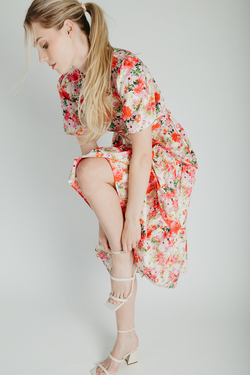 The Cedar Floral Belted Midi Dress in Pink