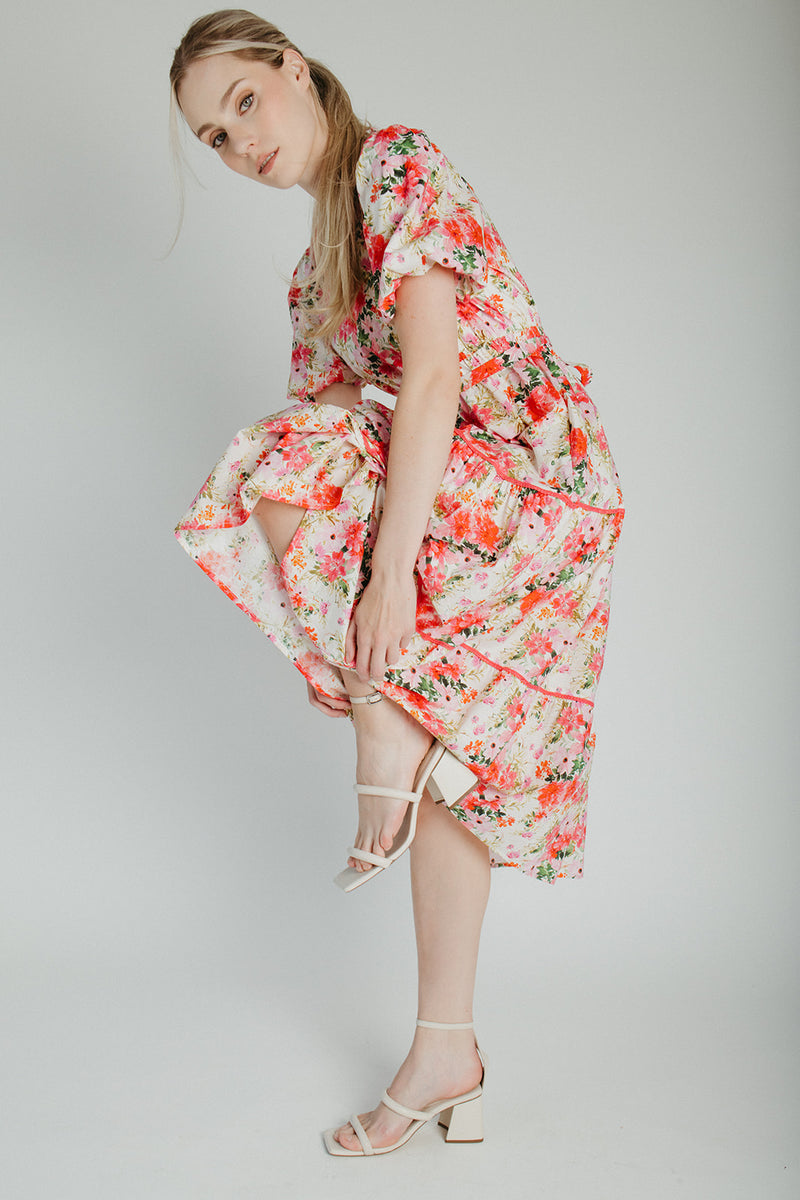 The Cedar Floral Belted Midi Dress in Pink