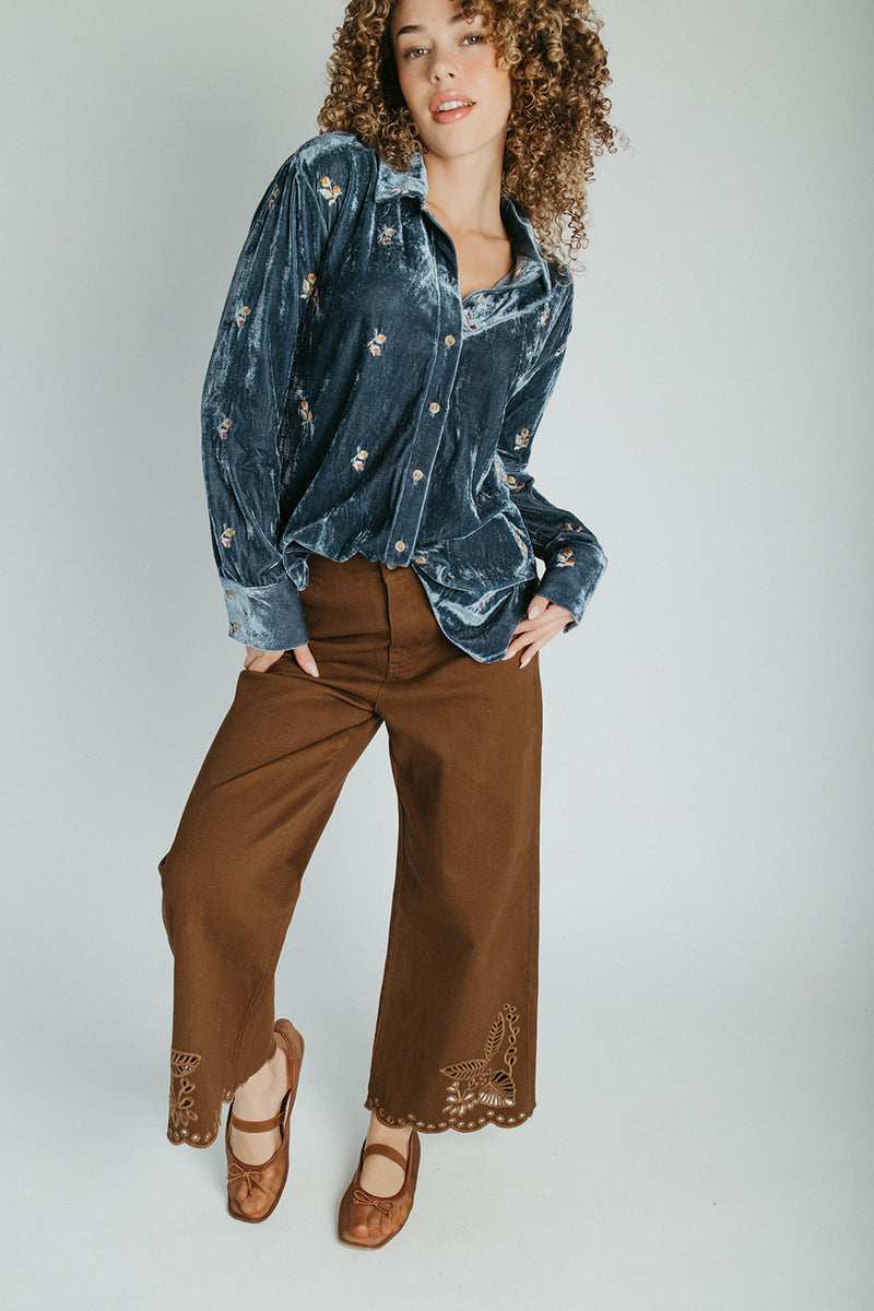 The Talulah Embroidered Blouse in Blue Velvet