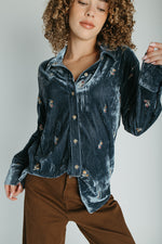 The Talulah Embroidered Blouse in Blue Velvet