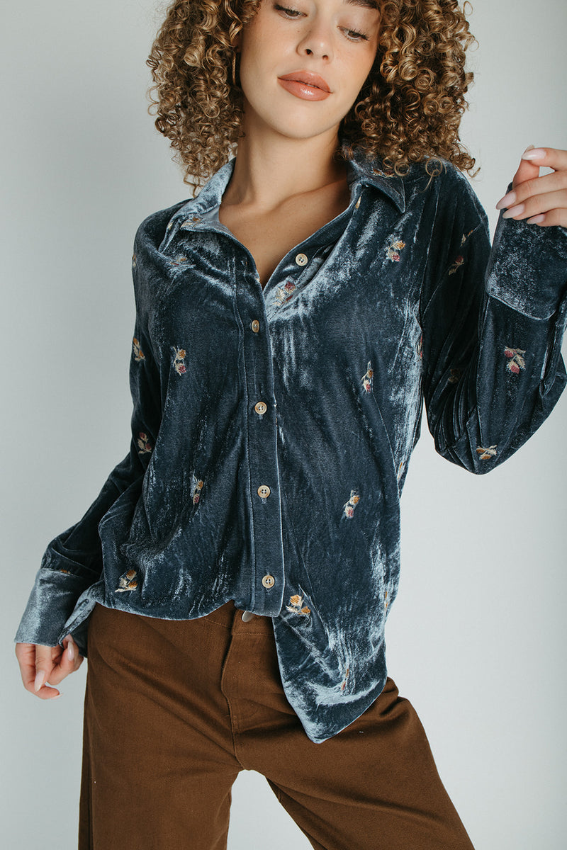 The Talulah Embroidered Blouse in Blue Velvet