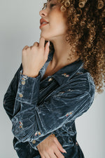 The Talulah Embroidered Blouse in Blue Velvet