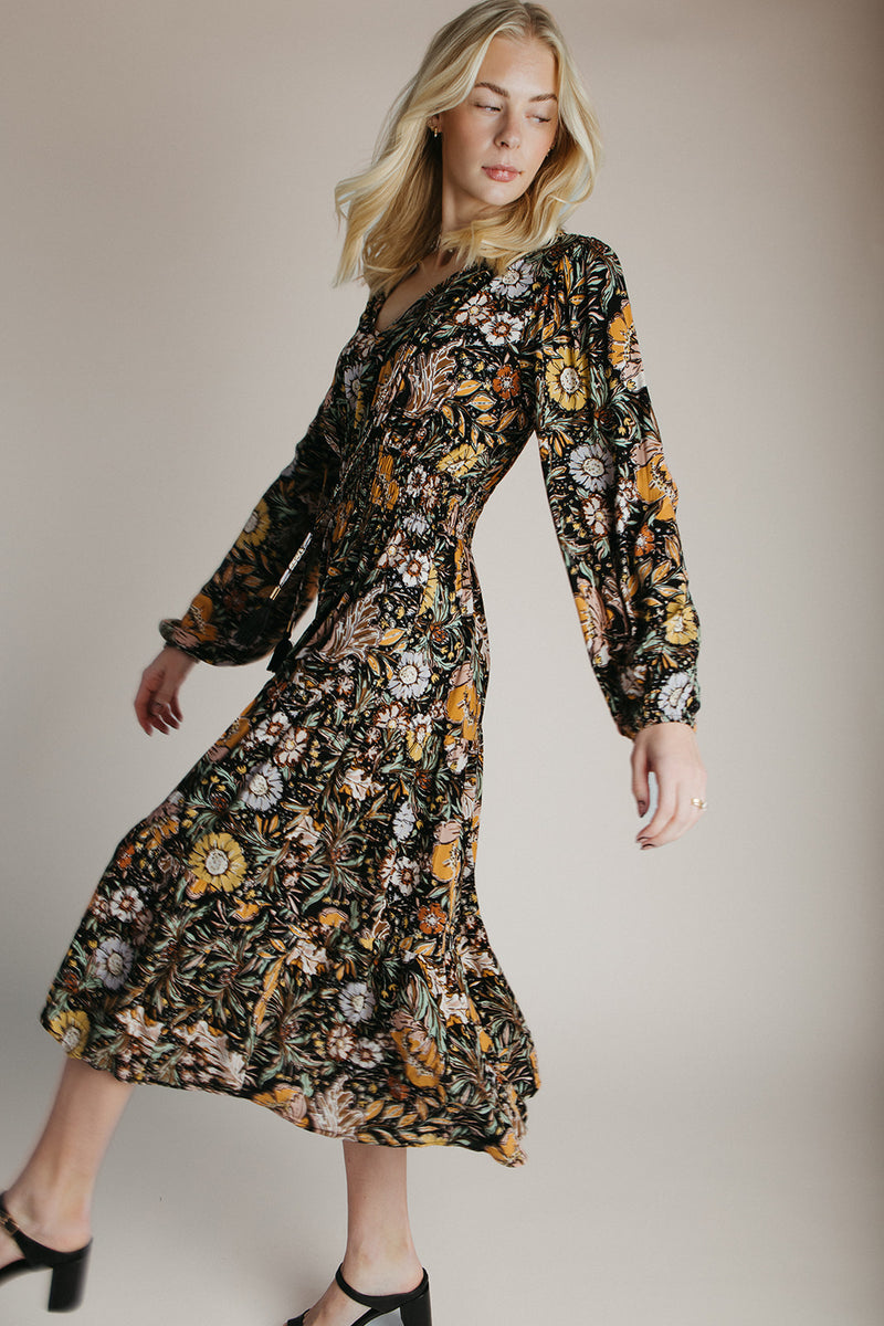The Pollick Floral Midi Dress in Black Multi