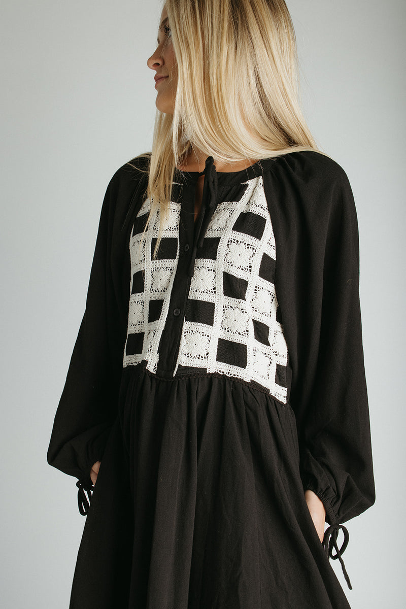 The Edith Checkered Detail Midi Dress in Black