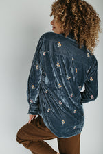 The Talulah Embroidered Blouse in Blue Velvet