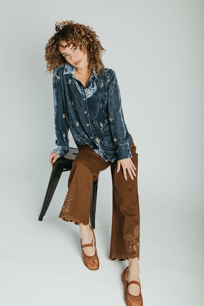 The Talulah Embroidered Blouse in Blue Velvet