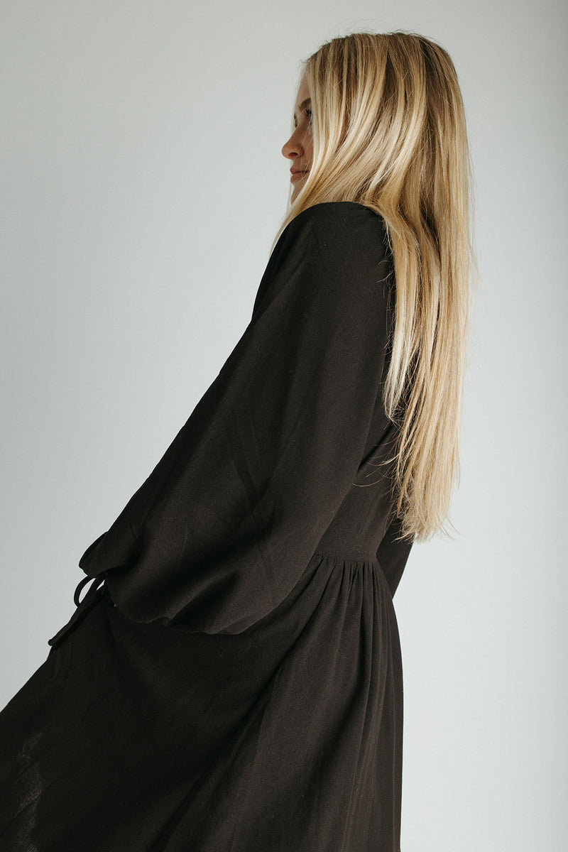 The Edith Checkered Detail Midi Dress in Black