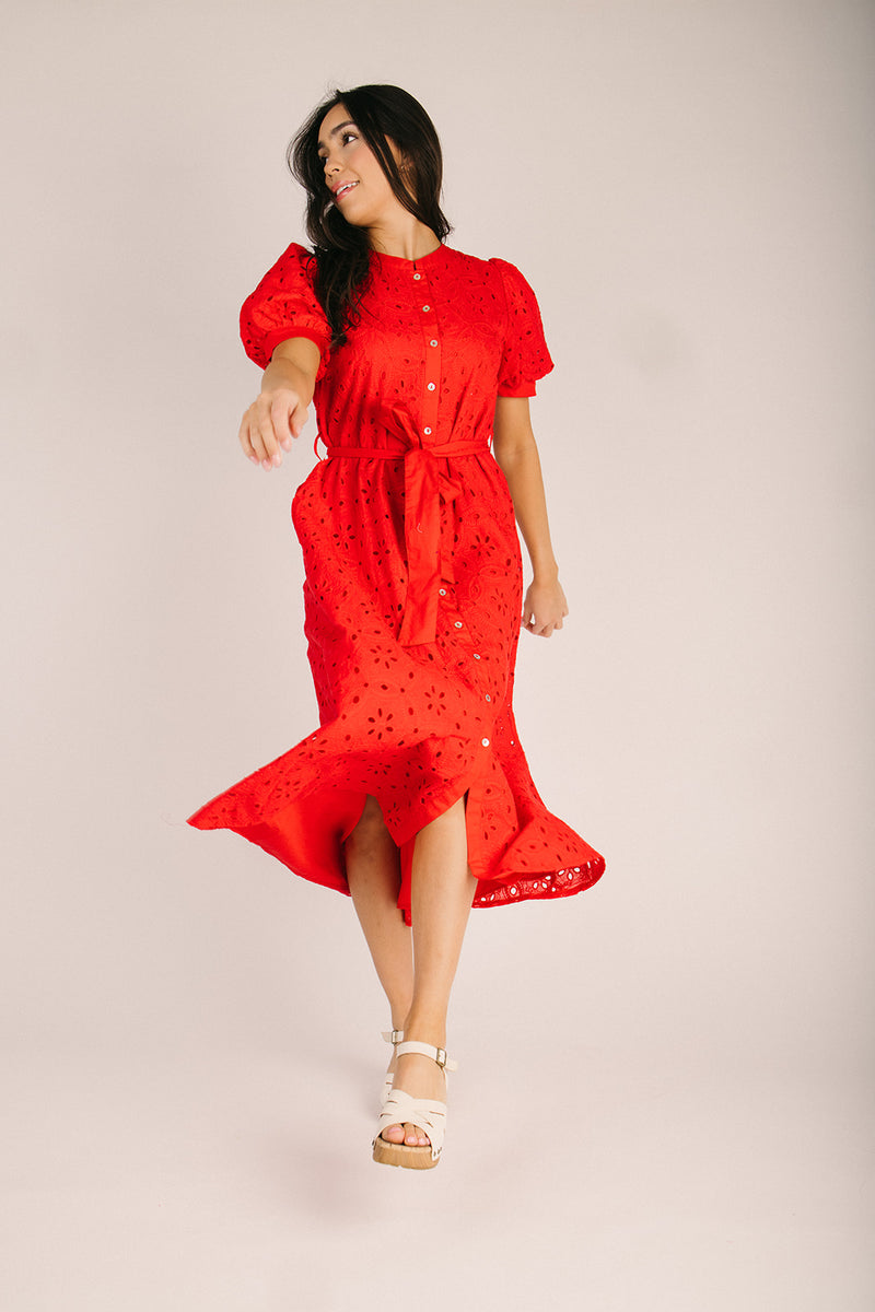 The Courogen Button-Up Eyelet Midi Dress in Red – Piper & Scoot