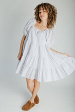 The Hale Striped Puff Sleeve Dress in Ivory + Black