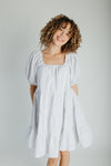 The Hale Striped Puff Sleeve Dress in Ivory + Black