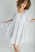 The Hale Striped Puff Sleeve Dress in Ivory + Black