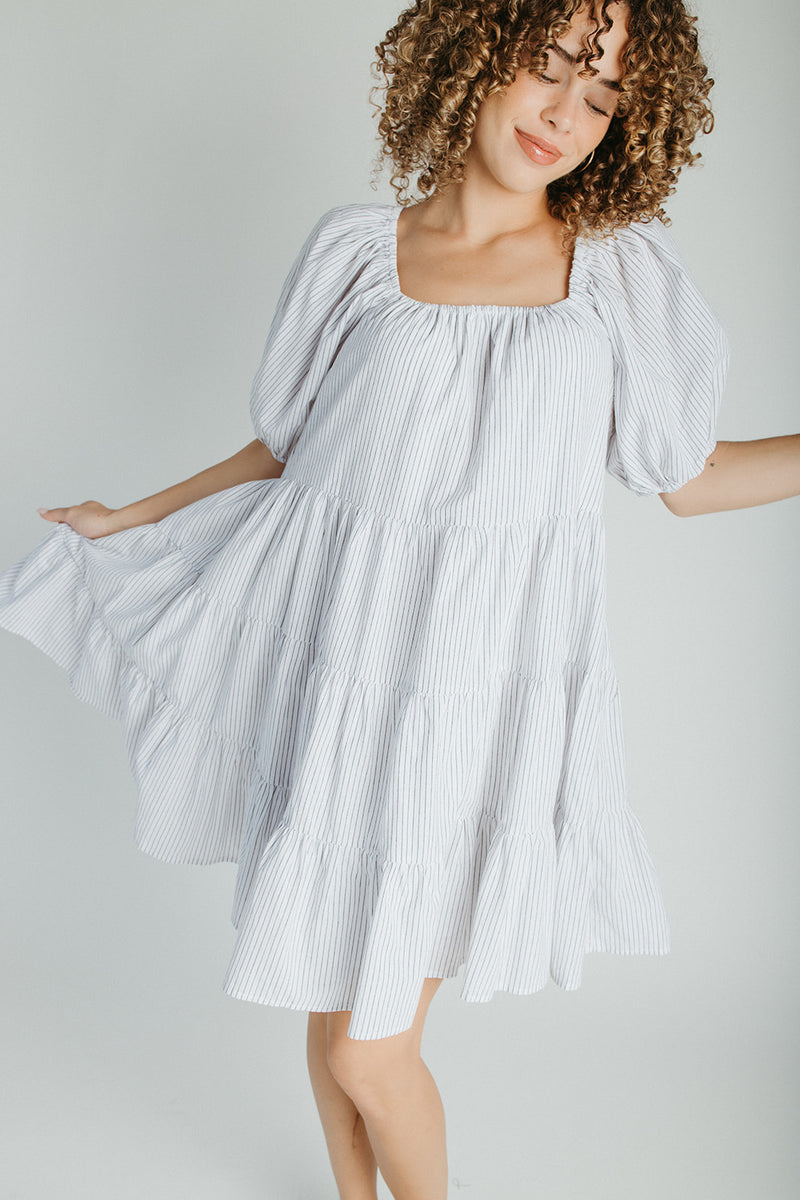 The Hale Striped Puff Sleeve Dress in Ivory + Black