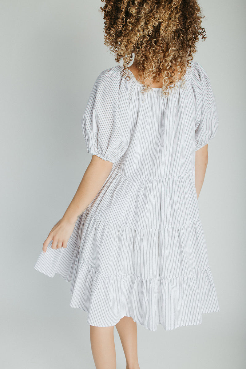 The Hale Striped Puff Sleeve Dress in Ivory + Black