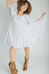 The Hale Striped Puff Sleeve Dress in Ivory + Black
