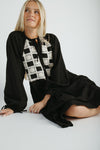 The Edith Checkered Detail Midi Dress in Black