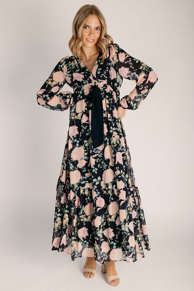 tie neck midi dress in midnight dutch floral Tuckernuck Navy Textured Rose Floral Melina Midi Dress Navy Textured Rose Floral / XS