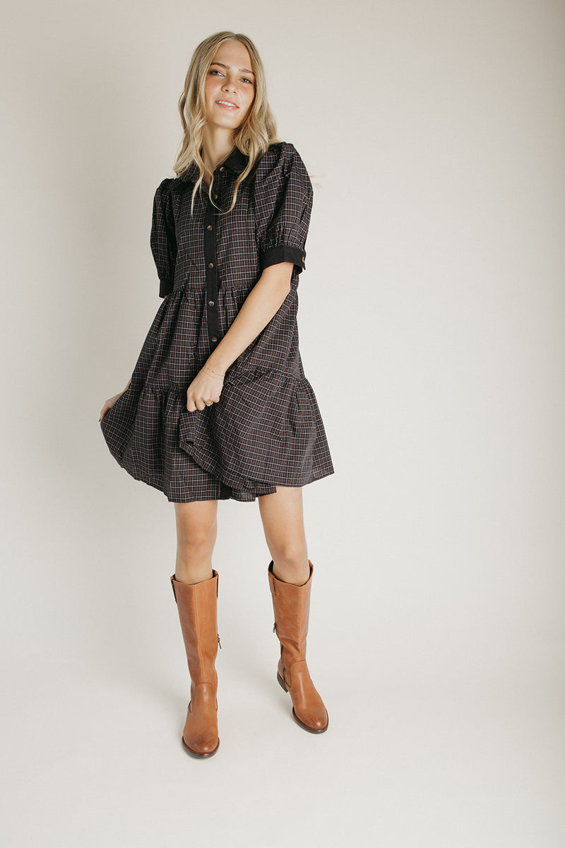 The Nancy Plaid Button-Up Dress in Black