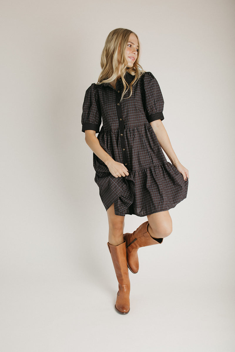 The Nancy Plaid Button-Up Dress in Black