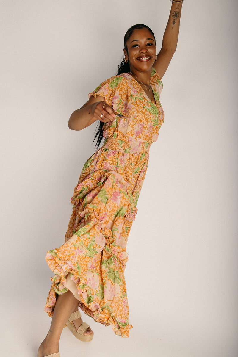 tiered floral maxi dress Truth Be Told Blue BLUE-CREAM / XL by Sugarlips with comfortable tie straps and long length Blue Floral Printed Flutter Tank