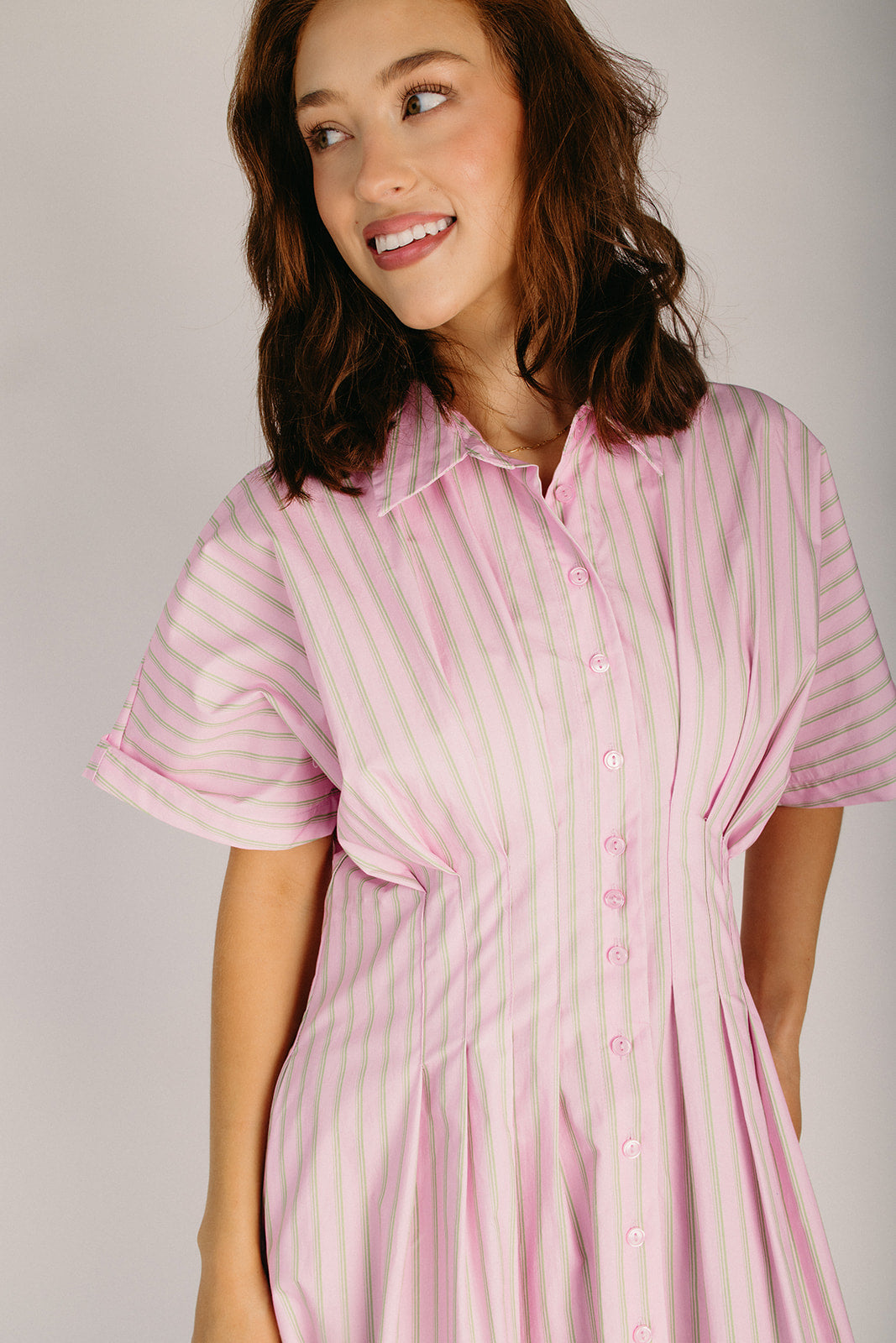 The Hattaway Button-Up Midi Dress in Pink + Green Stripe Piper & Scoot The Hattaway Button-Up Midi Dress in Pink + Green Stripe Piper & Scoot