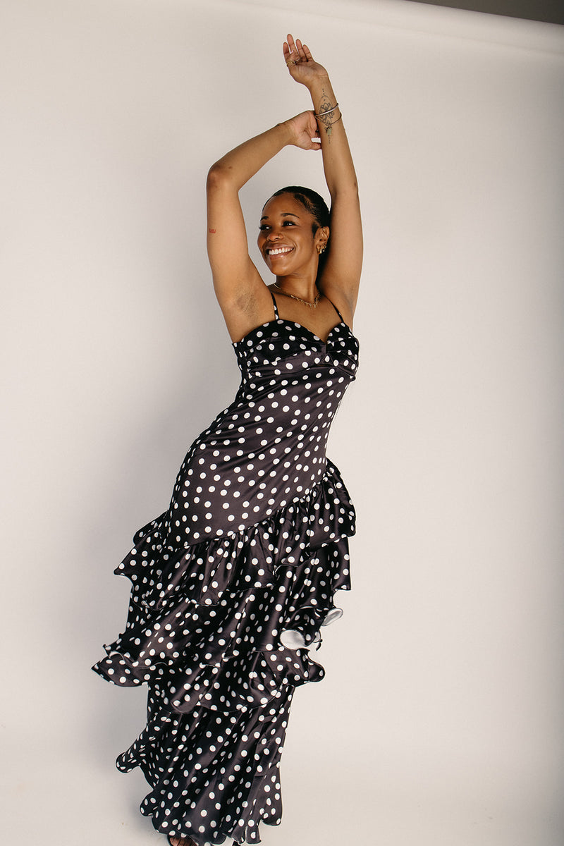 The Albano Satin Polka Dot Maxi Dress in Black + White – Piper & Scoot
