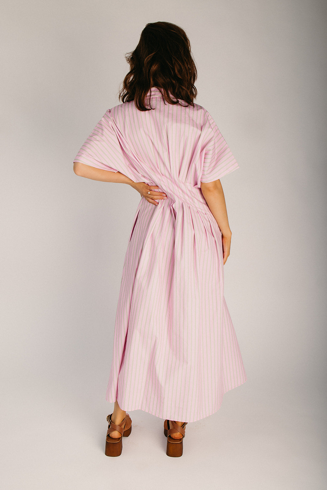 The Hattaway Button-Up Midi Dress in Pink + Green Stripe Medium